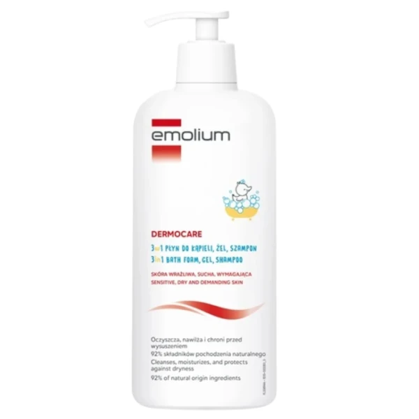 Emolium Dermocare, 3w1, płyn do kąpieli, żel do mycia, szampon, po 1 miesiącu życia, 400ml