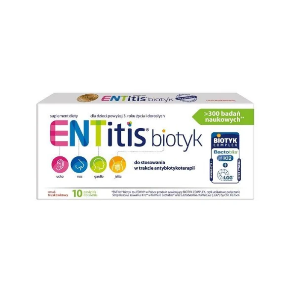 [DATA - 2026-10-31] Entitis Biotyk, dla dorosłych i dzieci po 3 roku życia, smak truskawkowy, 10 pastylek do ssania