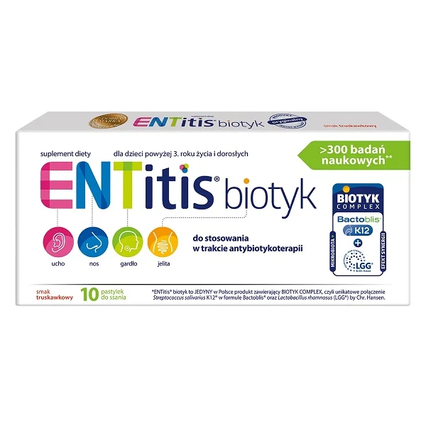 Entitis Biotyk, dla dorosłych i dzieci po 3 roku życia, smak truskawkowy, 10 pastylek do ssania