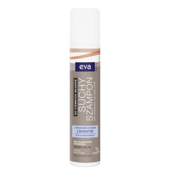 Eva Natura, odświeżający suchy szampon do włosów ciemnych, z biokompleksem lnianym, 200ml