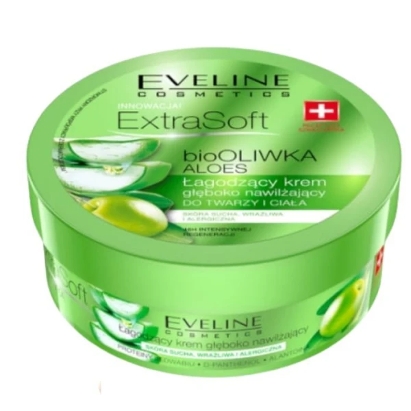 Eveline Extra Soft, łagodzący krem głęboko nawilżający do twarzy i ciała, Bio oliwka i aloes, 200ml