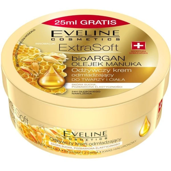 Eveline Extra Soft, odżywczy krem odmładzający do twarzy i ciała, bio argan i olej manuka, 200ml