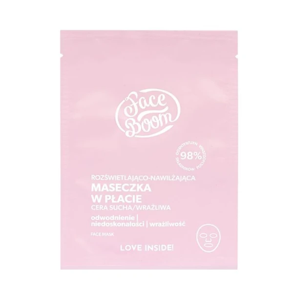 FaceBoom Love Inside, rozświetlająco-nawilżająca maseczka w płacie, cera matowa, ziemista i niedotleniona, 1 sztuka
