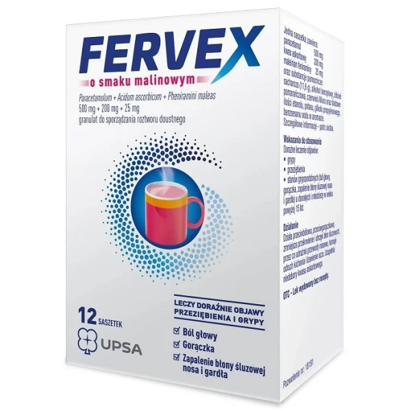 Fervex (500mg+200mg+25mg), granulat, smak malinowy, 12 saszetek