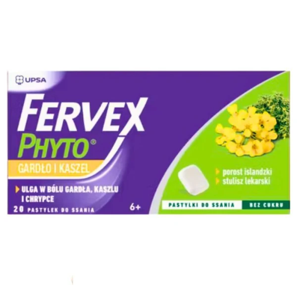 Fervex Phyto, kaszel i gardło, pastylki do ssania, bez cukru, po 6 roku życia, 20 pastylek do ssania