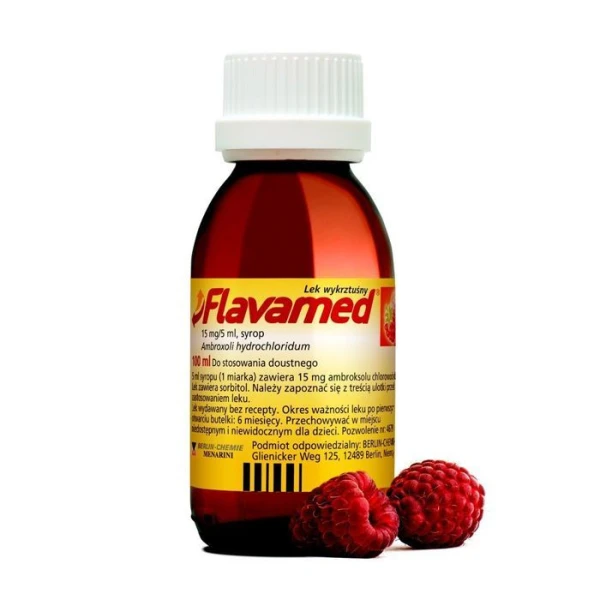 Flavamed 15mg/5ml, syrop wykrztuśny, smak malinowy, 100ml