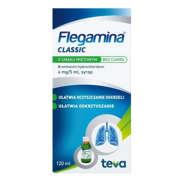 Flegamina 4mg/5ml, syrop wykrztuśny bez cukru, smak miętowy, 120ml