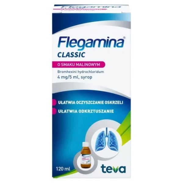 Flegamina 4mg/5ml, syrop wykrztuśny, smak malinowy, 120ml