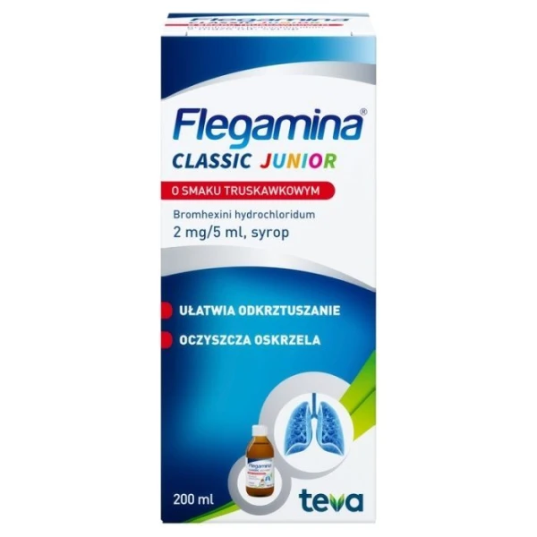 Flegamina Junior 2mg/5ml, syrop wykrztuśny, smak truskawkowy, 200ml