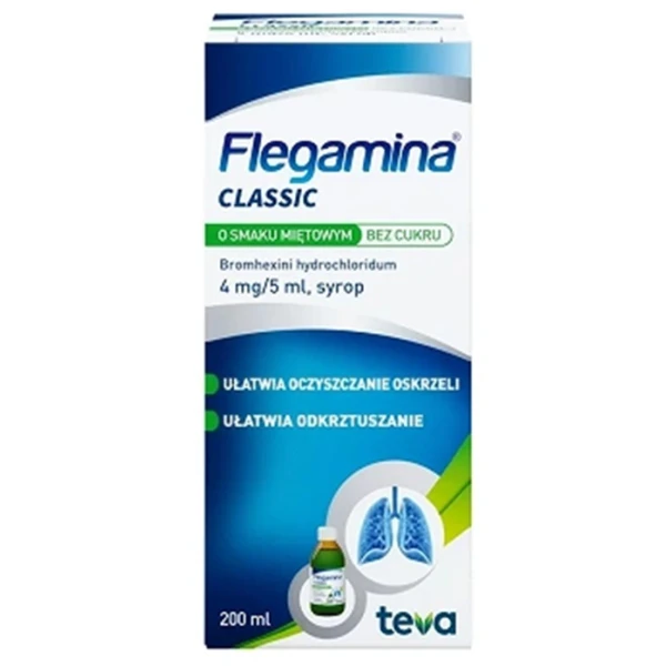 Flegamina 4mg/5ml, syrop wykrztuśny bez cukru, smak miętowy, 200ml