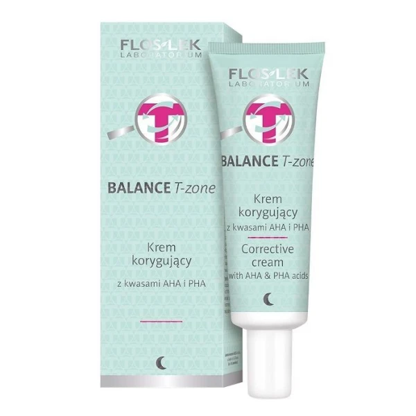Flos-Lek Laboratorium, Balance T-Zone, krem korygujący z kwasami AHA i PHA, cera mieszana i trądzikowa, na noc, 50ml