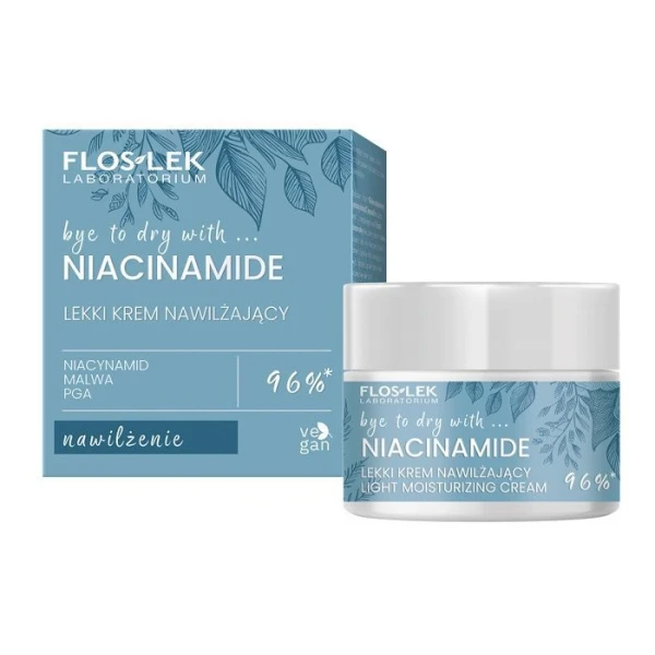 Flos-Lek Laboratorium, Niacinamide, lekki krem nawilżający z niacynamidem, ekstraktem z korzenia malwy oraz kwasem poliglutaminowym (PGA), 50ml