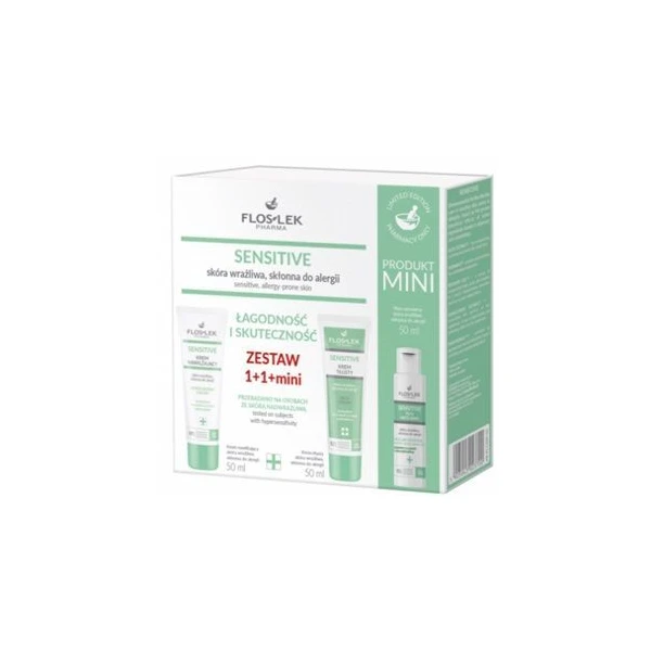 Flos-Lek Pharma, Sensitive, krem nawilżający, 50ml + krem tłusty, 50ml + płyn micelarny, 50ml