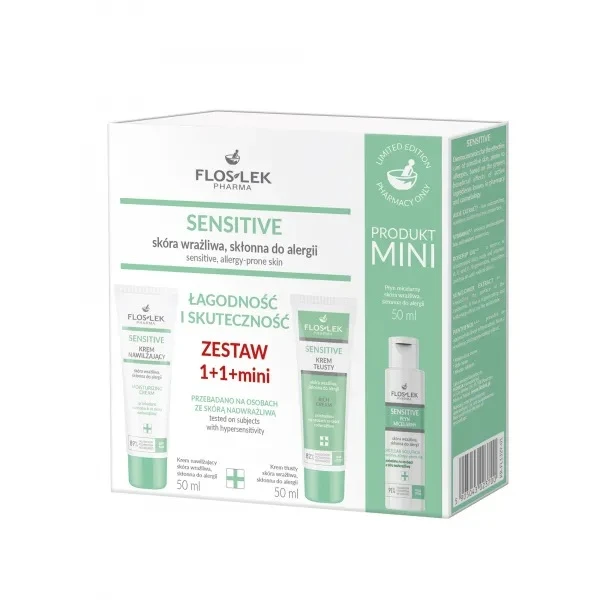 Flos-Lek Pharma, Sensitive, krem nawilżający, 50ml + krem tłusty, 50ml + płyn micelarny, 50ml