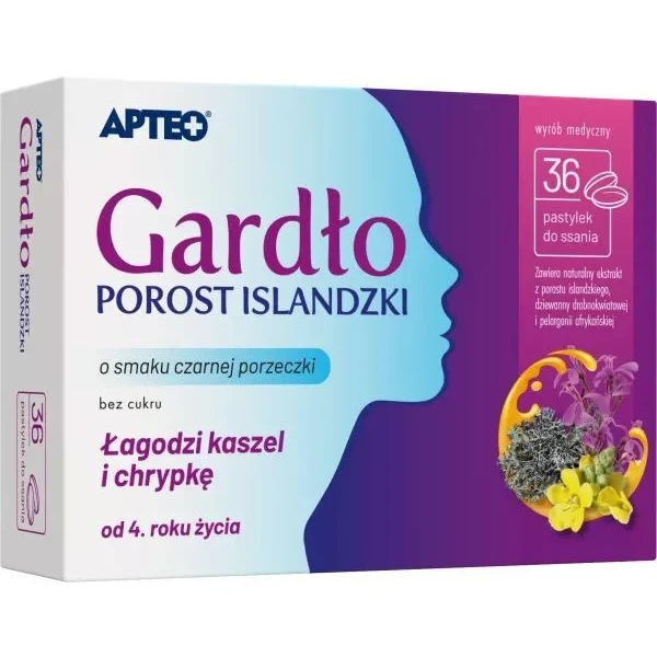 Gardło Porost Islandzki, Apteo, smak czarnej porzeczki, od 4 roku życia, 36 pastylek do ssania