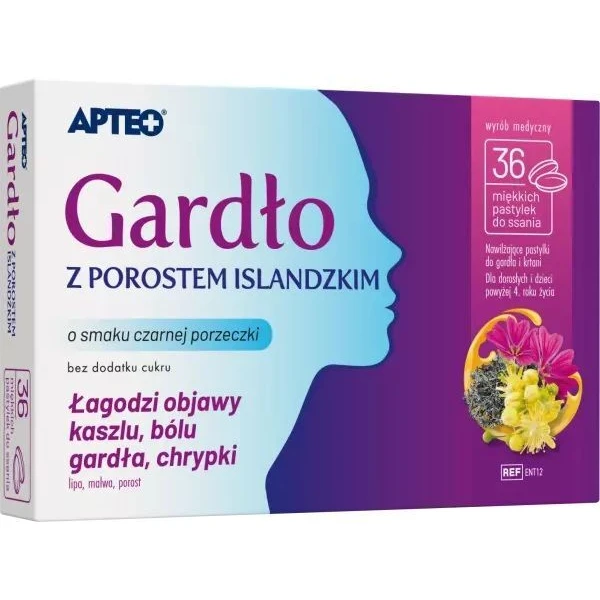 Gardło z porostem islandzkim, Apteo, smak czarna porzeczka, po 4 roku życia, 36 pastylek do ssania