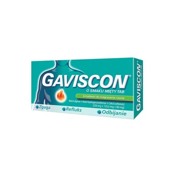 Gaviscon (250mg+133,5g+80mg), smak miętowy, 24 tabletki do rozgryzania i żucia