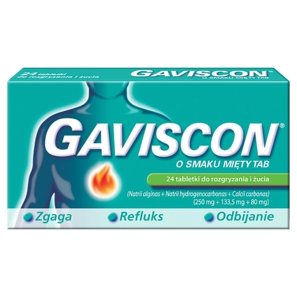 Gaviscon (250mg+133,5g+80mg), smak miętowy, 24 tabletki do rozgryzania i żucia
