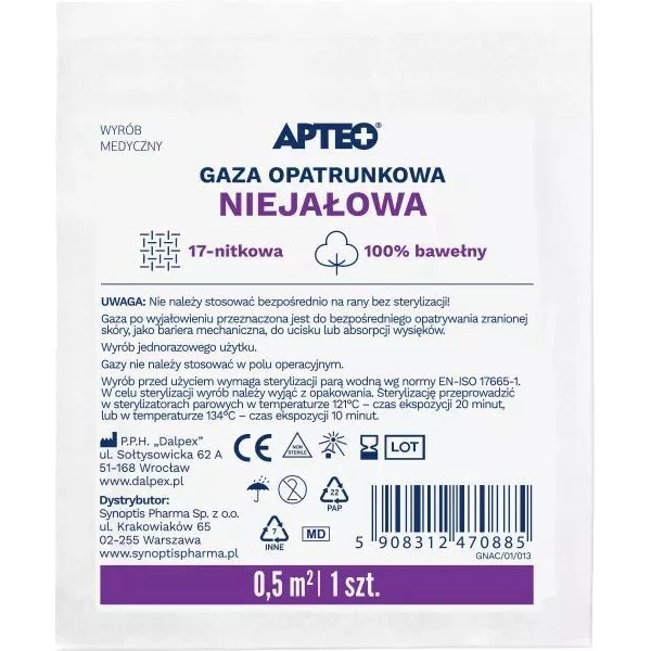 Gaza bawełniana Apteo, niejałowa, 17-nitkowa, 0,5m2, 1 sztuka