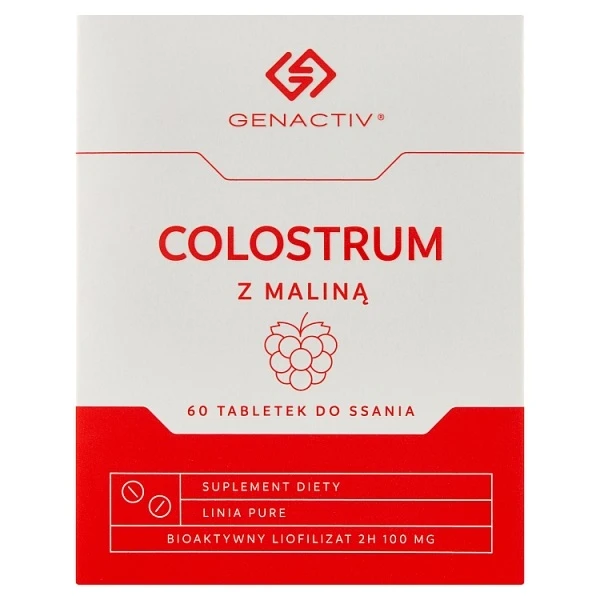 Genactiv Colostrum z maliną, dla dorosłych i dzieci po 3 roku życia, 60 tabletek do ssania