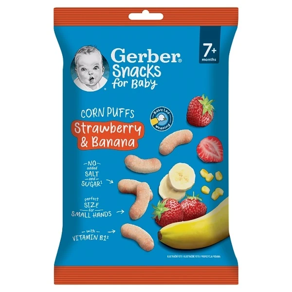 Gerber, chrupki kukurydziane, truskawkowo-bananowe, po 7 miesiącu, 28g