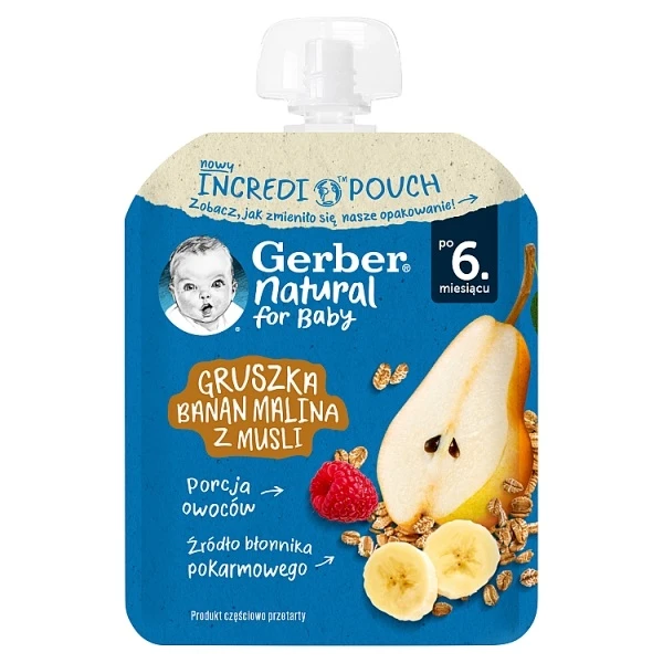 Gerber, mus owocowy, gruszka, banan i malina z musli, po 6 miesiącu, 80g