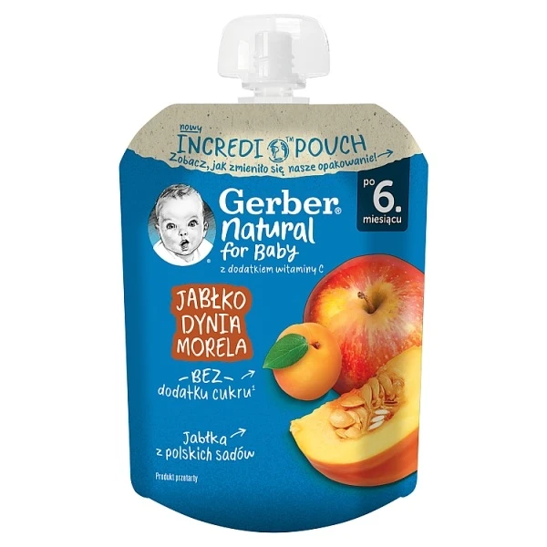 Gerber, mus owocowo-warzywny, jabłko, dynia i morela, po 6 miesiącu, 80g