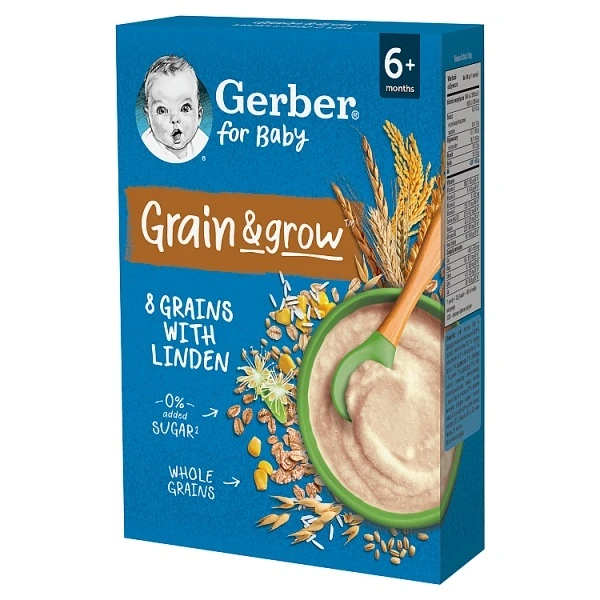 Gerber for Baby, Grain & Grow, kaszka bezmleczna 8 zbóż z lipą, po 6 miesiącu, 200g