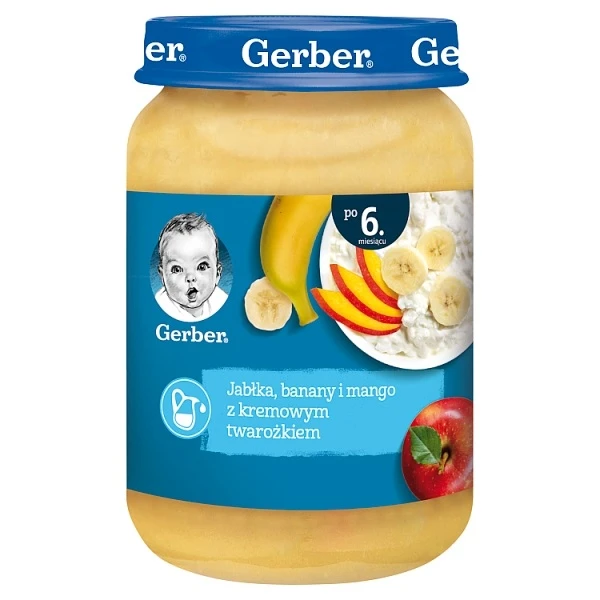 Gerber, jabłka, banany i mango z kremowym twarożkiem, po 6 miesiącu, 190g