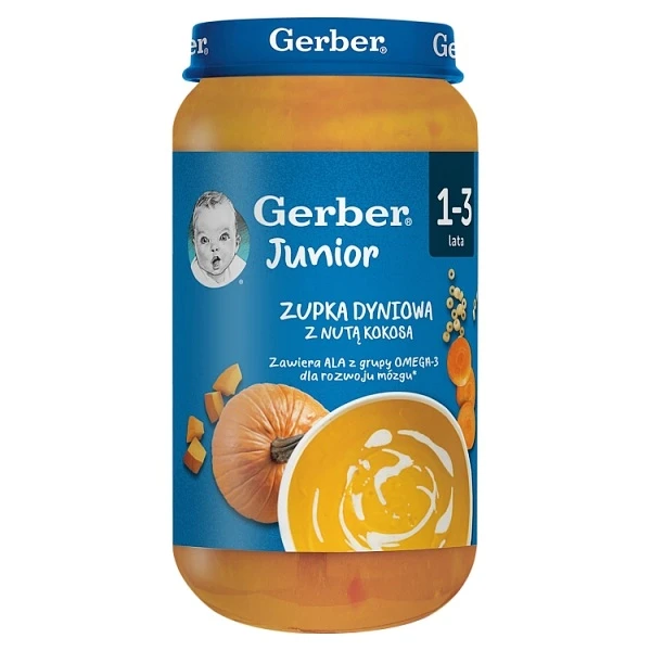 Gerber Junior, zupka dyniowa z nutą kokosa, dla dzieci w wieku 1-3 lata, 250g