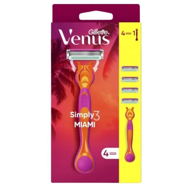 Gillette Venus Simply 3 Miami, maszynka do golenia dla kobiet, rączka i 4 ostrza, 1 opakowanie