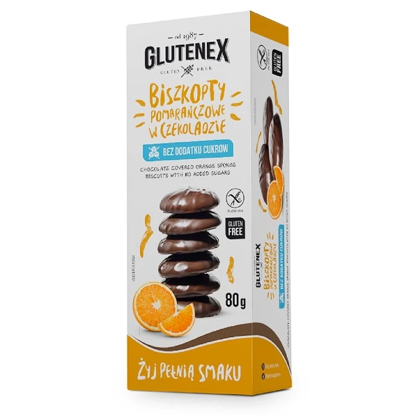 Glutenex, biszkopty pomarańczowe w czekoladzie bez dodatku cukru, bezglutenowe, 80g