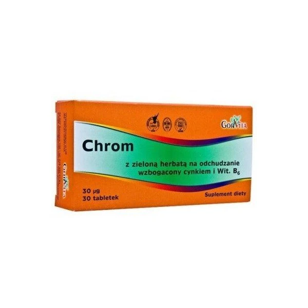 GorVita, chrom z zieloną herbatą, cynkiem i witaminą B6, 30 tabletek