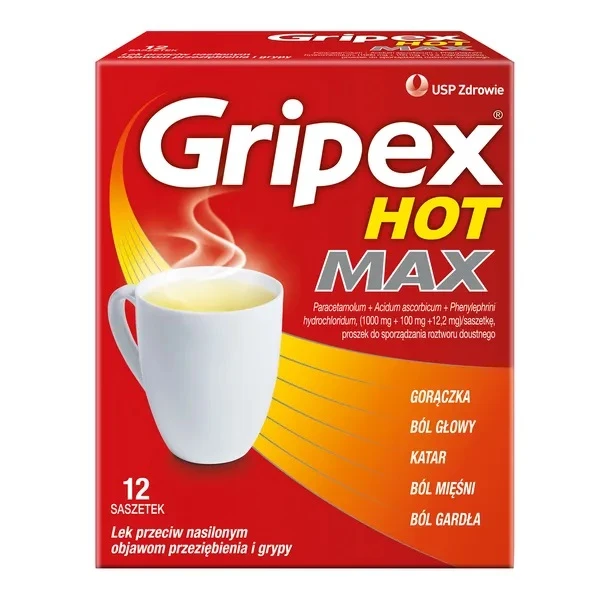 Gripex Hot Max (1000mg+12,2mg+100mg), proszek, 12 saszetek