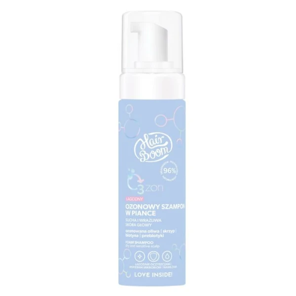 HairBoom O3zon Love Inside, łagodny ozonowy szampon w piance, sucha i wrażliwa skóra głowy, 200ml