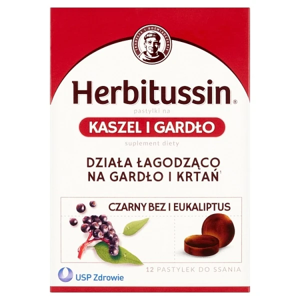 Herbitussin Kaszel i Gardło, czarny bez i eukaliptus, 12 pastylek do ssania