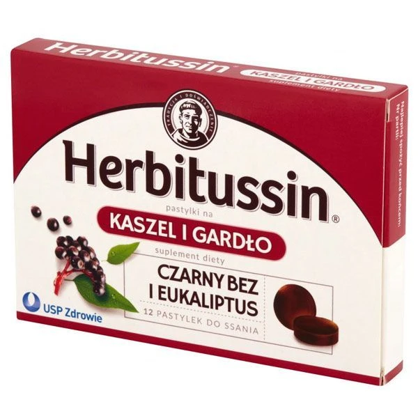 Herbitussin Kaszel i Gardło, czarny bez i eukaliptus, 12 pastylek do ssania