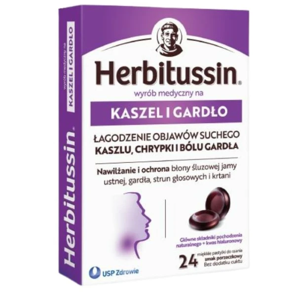 Herbitussin Kaszel i Gardło, smak porzeczkowy, bez cukru, 24 pastylki do ssania