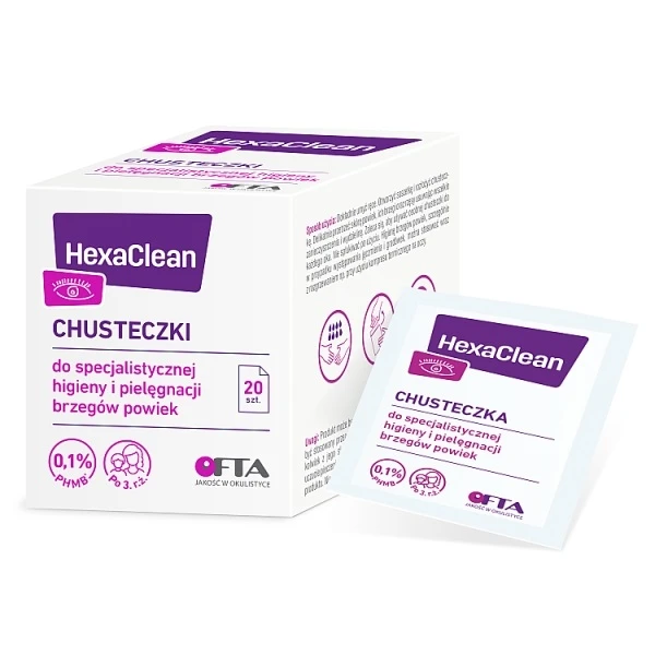 HexaClean, chusteczki do pielęgnacji powiek, 20 sztuk