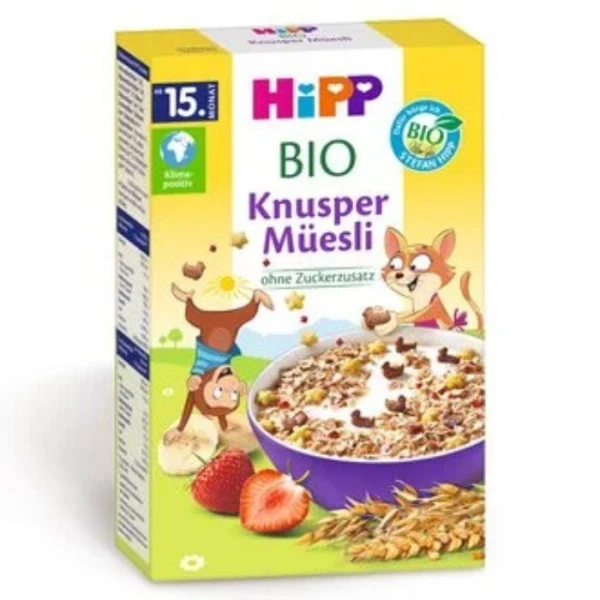 Hipp, chrupiące Musli Bio, banany i truskawki, bez dodatku cukru, od 15 miesiąca, 200g