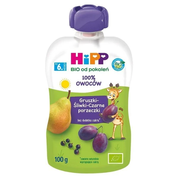 Hipp, gruszki, śliwki, czarne porzeczki, Bio, po 6 miesiącu, 100g