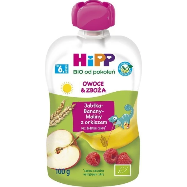 [DATA - 2026-08-24] Hipp, jabłka, banany, maliny z orkiszem, Bio, po 6 miesiącu, 100g