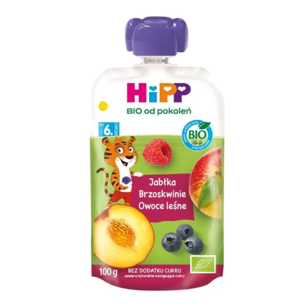 [DATA - 2026-11-16] Hipp, jabłka, brzoskwinie i owoce leśne, po 6 miesiącu, 100g