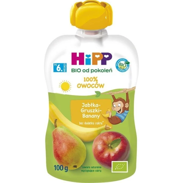 Hipp, jabłka, gruszki, banany, Bio, po 6 miesiącu, 100g