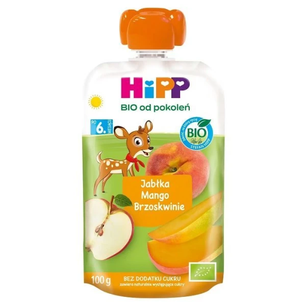 Hipp, jabłka, mango, brzoskwinie, Bio, po 6 miesiącu, 100g