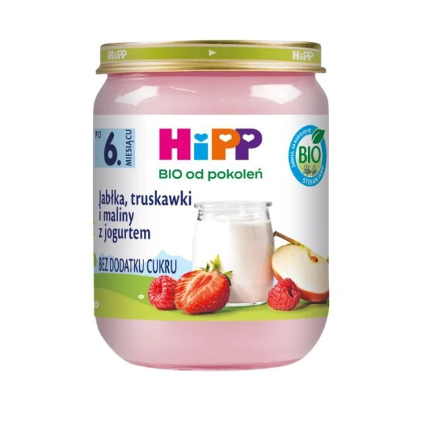 Hipp, jabłka, truskawki i maliny z jogurtem, po 6 miesiącu, 160g
