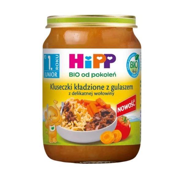 Hipp, kluseczki kładzione z gulaszem z delikatnej wołowiny, po 1 roku życia, 250g