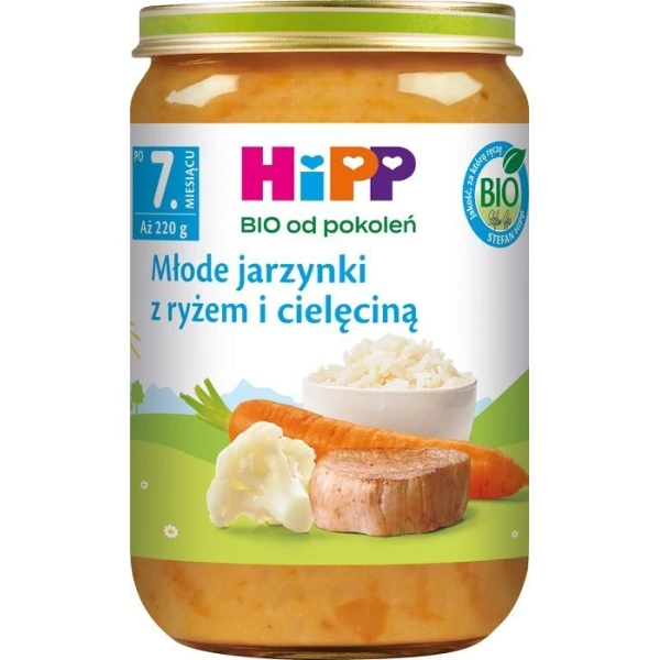Hipp, młode jarzynki z ryżem i cielęciną, Bio, po 7 miesiącu, 220g