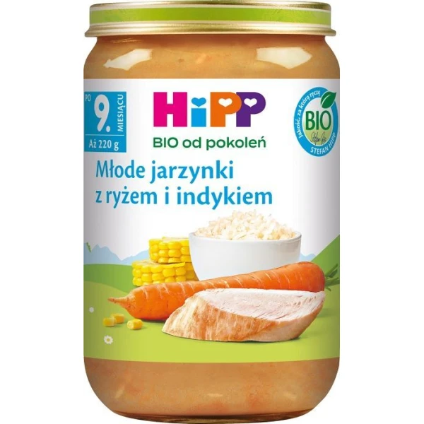 Hipp, młode jarzynki z ryżem i indykiem, Bio, po 9 miesiącu, 220g