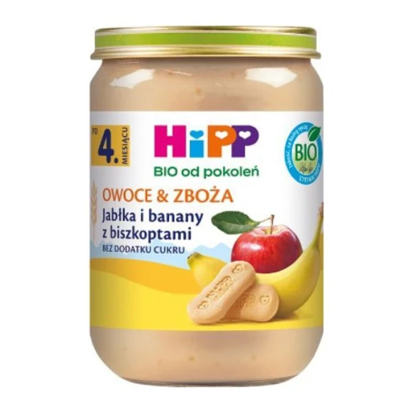 Hipp, Owoce & Zboża, jabłka i banany z biszkoptami, po 4 miesiącu, 190g